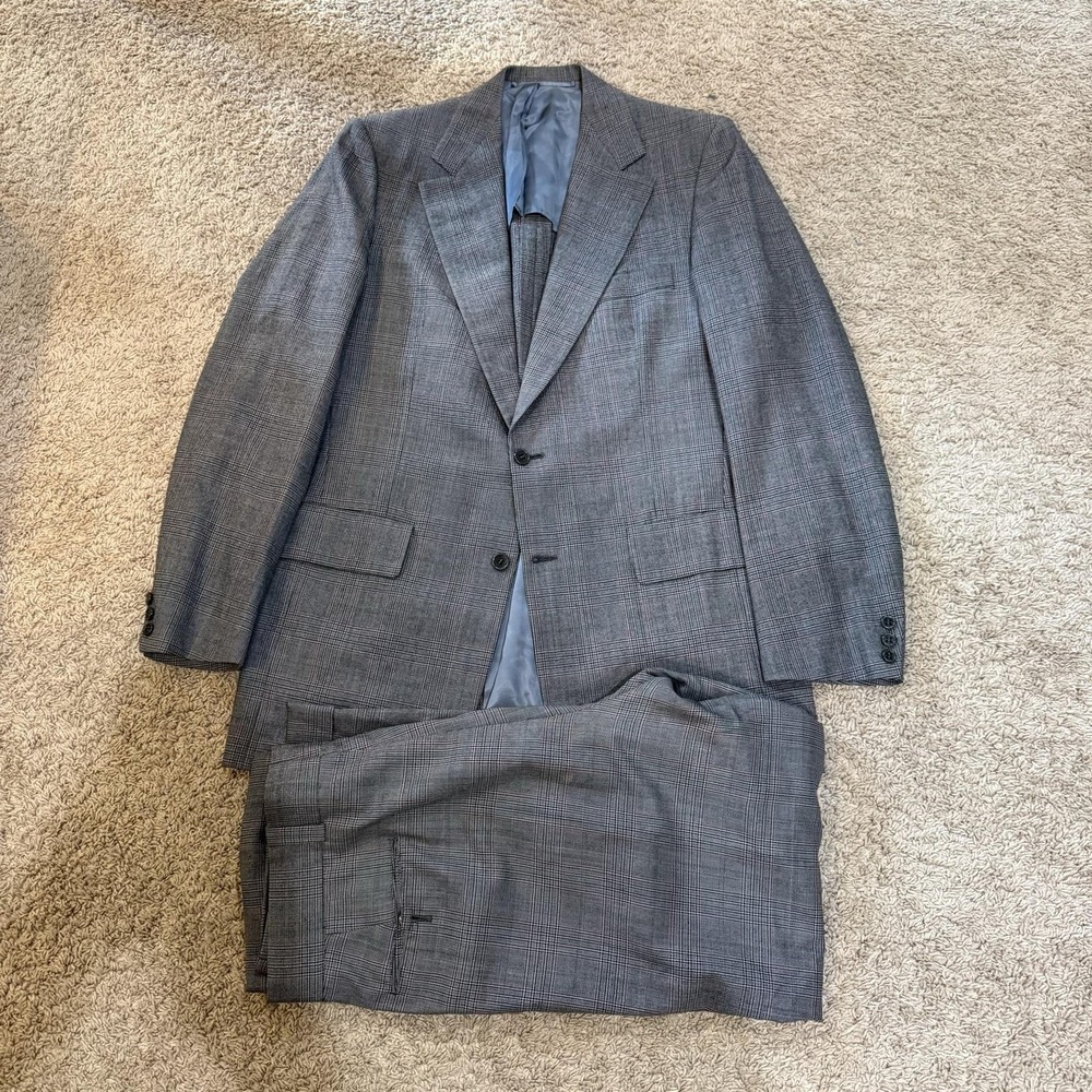 Vintage Hickey Freeman Suit Mens 44 36x30 Gray Plaid Wool 2 Piece Made USA